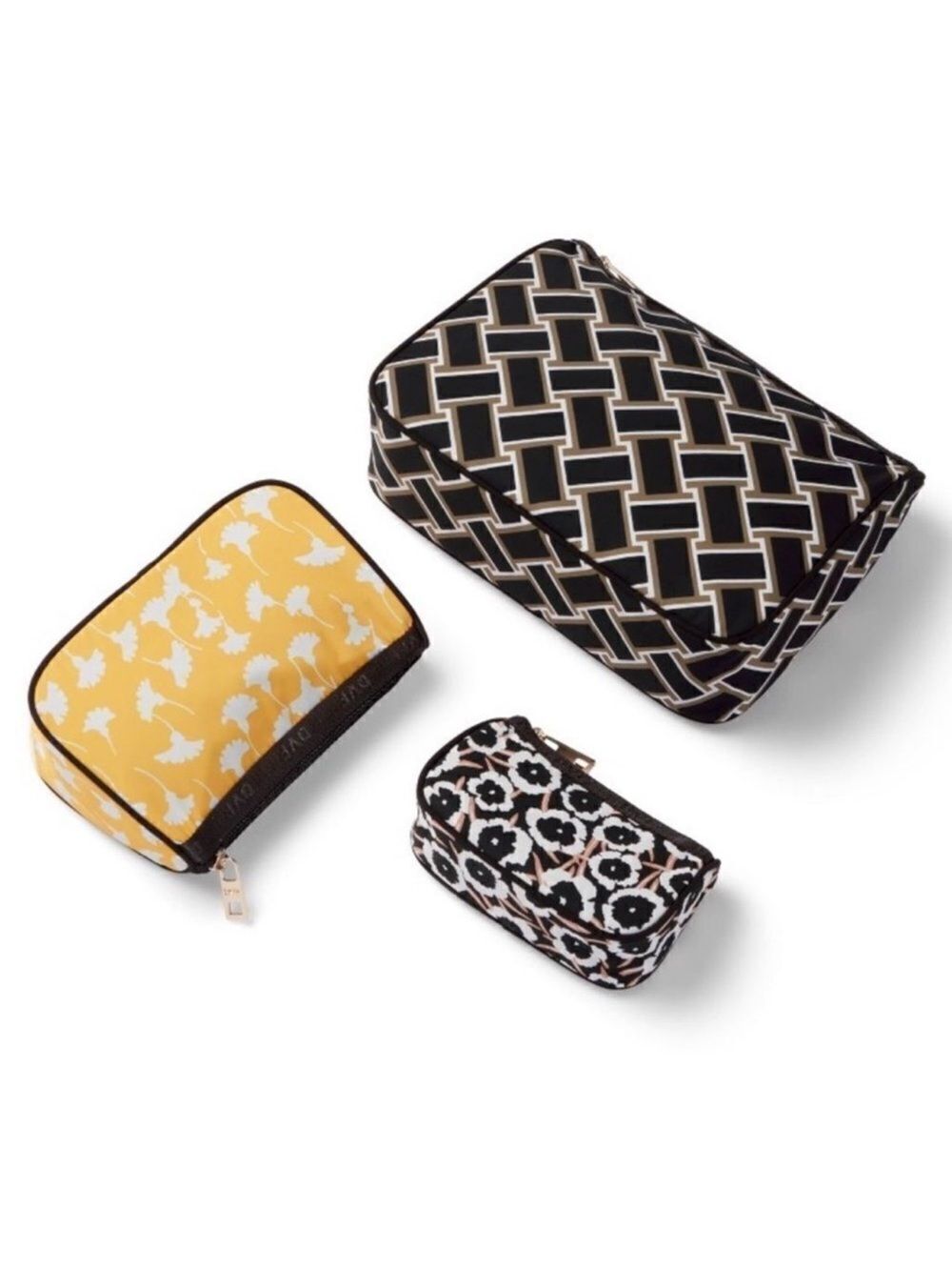 DVF x Target Black Gold White Vintage Weave Ginkgo Poppy 3 pack Travel Pouches